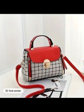 Red Plaid Satchel with Gold-Tone Lock